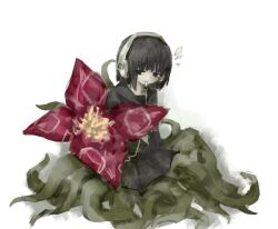 1girl black_eyes black_hair black_sailor_collar black_serafuku black_shirt black_skirt flower full_body half-closed_eyes headphones highres looking_at_viewer monster_girl mouth_hold nene_nene pale_skin plant_girl red_flower sailor_collar school_uniform serafuku shirt short_hair simple_background skirt solo tentacle_legs utau white_background yosan_(yosan1130)