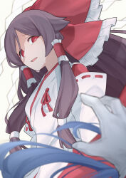 2girls blue_hair blurry bow brown_hair ch00suke chihaya_(clothing) commentary_request crying crying_with_eyes_open depth_of_field detached_sleeves foul_detective_satori frilled_bow frilled_hair_tubes frills gensokyo&#039;s_first_hakurei_miko gloves hair_bow hair_tubes highres japanese_clothes long_hair miko miyadeguchi_mizuchi multiple_girls open_mouth red_bow red_eyes ribbon-trimmed_sleeves ribbon_trim tears touhou very_long_hair white_gloves