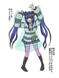 amemiya_darumi black_boots black_bow black_hair black_skirt blue_hair boots bow collar face_piercing hands_up lip_piercing looking_at_viewer mochi96aa2 multicolored_hair piercing pink_eyes pink_thighhighs pleated_skirt red_collar safety_pin shirt skirt striped_clothes striped_shirt the_hundred_line_-last_defense_academy thighhighs twintails white_background