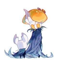 2others black_skin broken_vessel_(hollow_knight) colored_skin full_body grey_cloak highres hollow_knight horned_mask horns knight_(hollow_knight) mask multiple_others orange_eyes rdif_hk siblings simple_background white_background white_horns white_mask