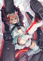 Rule 34 | 1girl, arms up, black boots, black gloves, black shirt, black sleeves, blue eyes, boots, crop top, detached pants, gloves, grey hair, hanging, headset, highres, idolmaster, idolmaster shiny colors, jacket, looking at viewer, midriff, multicolored hair, navel, open clothes, open jacket, open mouth, otsudou, red hair, serizawa asahi, shirt, short hair, shorts, solo, streaked hair, two side up, white jacket, white shorts