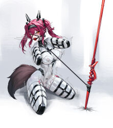 Rule 34 | 1girl, absurdres, anal beads, anal tail, ball gag, barcode, bdsm, bitchsuit, bodysuit, bondage, bound, bound arms, bound legs, breasts, butt plug, collar, commentary request, dildo, dildo under clothes, egg vibrator, fake tail, female focus, gag, gag harness, gagged, harness, highres, human dog, kumachi (aikawaakeya), large breasts, latex, latex bodysuit, leash, long hair, lupa (wuthering waves), object insertion, orange eyes, pet play, polearm, red hair, remote control vibrator, sex toy, skin tight, skindentation, slave, solo, spear, tail, trembling, twintails, vaginal, vaginal object insertion, vibrator, vibrator in thigh strap, vibrator under clothes, weapon, white background, wuthering waves
