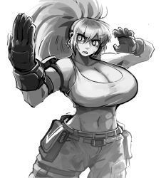 1girl arm_pouch bare_shoulders belt breasts crop_top earrings engineerkappa gloves highres jewelry large_breasts leona_heidern midriff monochrome navel ponytail soldier solo tank_top the_king_of_fighters the_king_of_fighters_xv toned triangle_earrings