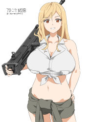 Rule 34 | 1girl, absurdres, blonde hair, bra, bra peek, breasts, browning m2, collarbone, collared dress, commentary request, cowboy shot, dress, girls&#039; frontline, grin, gun, hand on own hip, heavy machine gun, highres, holding, holding gun, holding weapon, jacket, large breasts, long hair, looking at viewer, m2hb (girls&#039; frontline), machine gun, navel, nighttsound, open mouth, orange eyes, shirt, simple background, smile, solo, teeth, tied jacket, tied shirt, translation request, underwear, weapon, white background, white shirt