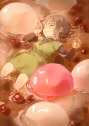 1girl absurdres afloat ball brown_hair chi_chi3939 closed_eyes drink highres original oversized_food oversized_object sleeping solo