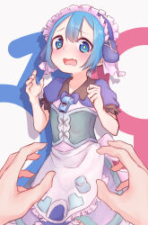 Rule 34 | 1boy, 1other, absurdres, aho whale, androgynous, apron, back bow, blue capelet, blue corset, blue dress, blue eyes, blue hair, blush, bow, capelet, collarbone, corset, dress, fang, frilled apron, frills, hair between eyes, hands up, highres, looking at viewer, made in abyss, mars symbol, maruruk, open mouth, pocket, pov, pov hands, puffy short sleeves, puffy sleeves, short hair, short sleeves, skin fang, tears, trap, venus symbol, whistle, whistle around neck, white apron, white bow, yellow pupils
