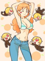&gt;_&lt; 1boy 1girl :3 :d ahoge aqua_bikini arched_back armpits arms_behind_head arms_up asymmetrical_bangs bikini bikini_top_only blonde_hair blue_pants blush_stickers breasts brown_eyes brown_jacket brown_pants buttons chibi chibi_inset cleavage closed_mouth cocked_eyebrow collarbone commentary contrapposto cowboy_shot curly_eyebrows denim dot_nose double-breasted drooling earrings facial_hair floating food fruit fruit_background groin hair_flaps hair_over_one_eye half-closed_eye head_tilt heart heart-shaped_eyes highres jacket jeans jewelry large_breasts legs_apart light_blush long_hair long_legs long_sleeves looking_at_another looking_to_the_side matheus_felipe mustache_stubble nami_(one_piece) nami_(one_piece)_(return_to_sabaody) narrow_waist navel one_eye_closed one_piece open_mouth orange_(fruit) orange_background orange_hair outline outstretched_arms pants parted_bangs pink_background raised_eyebrow sanji_(one_piece) short_hair shoulder_tattoo sideboob sidelocks smile solo_focus standing stomach striped_bikini striped_blush striped_clothes stubble swimsuit tattoo thick_eyelashes underboob v-shaped_eyebrows very_long_hair wavy_hair white_bikini white_outline wide_hips wink
