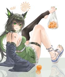 1girl :3 absurdres arknights bag barefoot black_hair blush feet green_eyes highres long_hair looking_at_viewer mon3tr_(arknights) multicolored_hair plastic_bag sandals shoes single_shoe stirrup_legwear toeless_legwear toes two-tone_hair yu_ruo