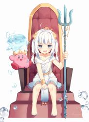 1girl :d ahoge animal animal_on_head blue_eyes blue_hair blue_nails blush bracelet commentary dress ebi-chan_(gawr_gura) english_commentary full_body gawr_gura gawr_gura_(party_dress) highres holding holding_polearm holding_weapon hololive hololive_english jewelry kirby kirby_(series) kuri_(animejpholic) laurel_crown long_hair looking_at_viewer multicolored_hair nail_polish nintendo on_head open_mouth polearm sharp_teeth sidelocks signature silver_hair simple_background sitting smile streaked_hair teeth throne toenail_polish toenails trident twintails upper_teeth_only virtual_youtuber water_kirby weapon white_background white_dress