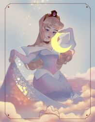 1girl animification aurora_(disney) blonde_hair blue_eyes colette_(lettiebobettie) crescent dress highres jewelry long_hair long_sleeves looking_at_viewer makeup moon simple_background sleeping_beauty_(disney) smile solo tiara