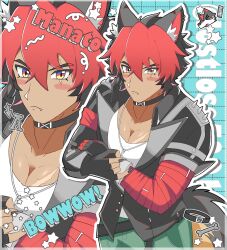1boy animal_ears bandaged_arm bandages black_choker black_jacket blush cargo_pants choker dog_boy ear_piercing fingerless_gloves fingernails gloves highres jacket jewelry komano_manato large_pectorals looking_at_viewer male_focus multicolored_hair multiple_scars muscular muscular_male necklace pants pectorals piercing red_eyes rosu_(lostlose5261) scar scar_on_face shirt short_hair tail white_shirt zenless_zone_zero