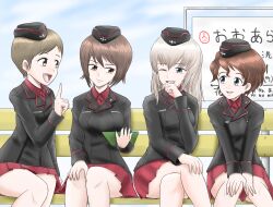 Rule 34 | 4girls, akaboshi koume, black hat, black jacket, blue eyes, brown eyes, brown hair, collared shirt, commentary request, crossed legs, curly hair, garrison cap, girls und panzer, grey eyes, grey hair, hand on own knee, hands on own knees, harukai-i, hat, highres, holding board, itsumi erika, jacket, kojima emi, kuromorimine military uniform, long hair, miniskirt, multiple girls, nishizumi maho, on chair, ooarai (ibaraki), pointing, pointing up, red shirt, red skirt, shirt, short hair, sitting, skirt, train station, translation request, very short hair