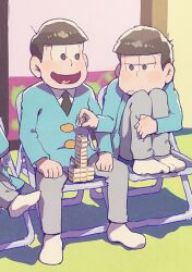 2boys ahoge antenna_hair aoki_(fumomo) aqua_jacket black_necktie blazer blunt_bangs brothers brown_eyes brown_hair business_suit buttons chair closed_mouth collared_shirt folding_chair formal_clothes frown full_body grey_pants half-closed_eyes heart heart_in_mouth holding holding_mahjong_tile indoors jacket knees_up light_blush long_sleeves looking_at_another mahjong mahjong_tile male_focus matsuno_ichimatsu matsuno_jyushimatsu messy_hair multiple_boys necktie no_shoes official_alternate_costume official_style on_chair osomatsu-san osomatsu_(series) pants shadow shirt short_hair shouji siblings sitting sliding_doors smile socks stacking suit v-neck wavy_mouth white_shirt white_socks