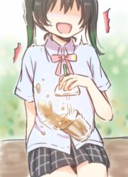 1girl :d ^^^ black_hair black_skirt blue_shirt commentary_request cup disposable_cup drink falling falling_food flinch gradient_hair green_hair holding holding_lid lid lone_nape_hair love_live! love_live!_nijigasaki_high_school_idol_club medium_hair miniskirt motion_lines multicolored_hair neck_ribbon nijigasaki_school_uniform no_eyes open_mouth pink_ribbon plaid_clothes plaid_skirt pleated_skirt ribbon school_uniform shirt short_sleeves sitting skirt smile solo summer_uniform sweatdrop takasaki_yu twintails yoon_(yoon_lovelive)