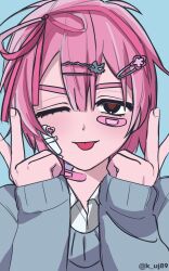 1other alien_stage artist_name bandaid bandaid_on_face bandaid_on_neck black_eyes blue_background commentary cosplay derivative_work gauze gauze_on_cheek grey_sweater hair_ornament hair_ribbon hairclip hashtag-only_commentary highres ivan_(alien_stage) ivan_(alien_stage)_(cosplay) k_uj89 long_sleeves medium_hair one_eye_closed pink_hair pink_ribbon portrait red_pupils ribbon shirt simple_background sweater tongue tongue_out white_shirt