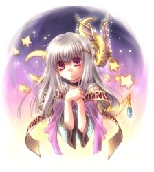 1girl cape dragon dress fire_emblem fire_emblem:_genealogy_of_the_holy_war grey_hair julia_(fire_emblem) long_hair long_sleeves lowres mio_(yumehikou) moon_(symbol) naga_(dragon)_(fire_emblem) naga_(fire_emblem) nintendo own_hands_clasped own_hands_together purple_eyes solo star_(symbol) upper_body