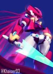 Rule 34 | 1girl, armor, black bodysuit, blonde hair, blue background, bodysuit, cropped jacket, female focus, forehead jewel, full body, green eyes, helmet, highres, holding, holding sword, holding weapon, hololive, irys (hololive), jacket, khaizer, long hair, mega man (series), mega man zx, model zx (mega man), red armor, red helmet, red jacket, simple background, solo, sword, virtual youtuber, weapon