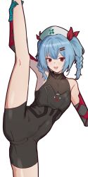 1girl absurdres black_leotard blue_hair braided_twintails colphne_(girls&#039;_frontline_2) colphne_(silent_heart)_(girls&#039;_frontline_2) girls&#039;_frontline girls&#039;_frontline_2:_exilium hair_ornament hairpin hat highres leotard looking_at_viewer loveu nurse_cap official_alternate_costume open_mouth red_eyes short_hair short_twintails simple_background solo split standing standing_on_one_leg standing_split teeth twintails upper_teeth_only white_background