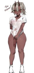 1boy arm_behind_back bare_arms black_sclera blush bottomless clothes_writing collarbone colored_sclera colored_skin commentary commission covered_navel english_commentary english_text full_body grey_hair hair_between_eyes hair_between_horns highres horns looking_at_viewer male_focus mole mole_under_eye neck_ribbon oni orange_eyes original penis pointy_ears ponytail red_ribbon red_skin ribbon shirt shirt_tug short_sleeves simple_background socks solo standing t-shirt tabi testicles thick_thighs thighs trap uncensored white_background white_socks wide_hips xcider