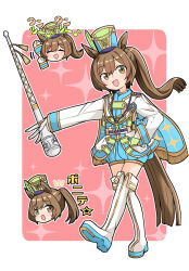 1girl band_uniform barashiya brown_eyes brown_hair full_body gloves hat highres holding horse_girl marching_band_baton multiple_views shako_cap shoes smart_falcon_(luminous_twirler)_(umamusume) smart_falcon_(umamusume) solo umamusume walking white_gloves white_shoes