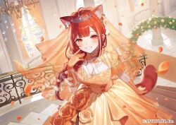 ahoge animal_ear_fluff animal_ear_piercing animal_ears arch blush braid braided_ponytail breasts bridal_veil bride chandelier cleavage cleavage_cutout clothing_cutout commentary_request company_name copyright_notice dress elbow_gloves esukee falling_petals floral_arch flower gloves hair_flower hair_ornament hand_on_own_cheek hand_on_own_face indoors large_breasts looking_at_viewer nijisanji official_alternate_costume official_art orange_eyes orange_hair petals pillar railing ratna_petit red_panda red_panda_ears red_panda_girl red_panda_tail sample_watermark smile solo stairs striped_tail tail teeth tiara veil virtual_youtuber watermark wedding_dress white_flower