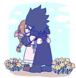 105zz 1boy 1girl aerith_gainsborough armor bangle black_boots black_gloves black_hair blue_sky boots bracelet braid braided_ponytail brown_boots closed_eyes cloud cloudy_sky commentary_request crisis_core_final_fantasy_vii final_fantasy final_fantasy_vii final_fantasy_vii_remake flower full_body gloves hair_ribbon height_difference hug jacket jewelry open_clothes open_jacket parted_bangs pink_ribbon pink_sweater ponytail red_jacket ribbed_sweater ribbon shoulder_armor sky sleeveless sleeveless_turtleneck spiked_hair standing sweater tears turtleneck turtleneck_sweater yellow_flower zack_fair