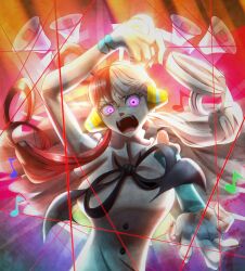 1girl a10thunderboit bad_anatomy bad_hands black_bow black_ribbon blue_sleeves blunt_bangs bow breasts commentary_request detached_sleeves dress dress_bow dress_ribbon floating_hair glowing glowing_eyes hair_rings headphones highres large_breasts megaphone multicolored_hair musical_note one_piece one_piece_film:_red open_mouth purple_eyes red_hair ribbon scene_reference single_sleeve sleeveless sleeveless_dress solo string string_of_fate teeth two-tone_hair upper_body uta_(one_piece) white_dress white_hair wide-eyed wings