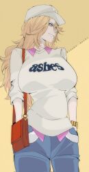 artist_name bag bleach bleach:_sennen_kessen-hen blonde_hair blue_eyes breasts denim handbag hands_in_pockets hat highres jeans kinakomochi_(user_vedc2333) large_breasts long_hair matsumoto_rangiku mole mole_under_mouth official_alternate_costume pants simple_background watch