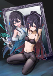 2girls absurdres arms_up bdsm black_bra black_hair black_pantyhose blue_eyes blue_necktie bondage bound bra breasts collarbone elbow_gloves gloves highres kneeling long_hair looking_at_another looking_to_the_side magic multiple_girls navel necktie open_mouth original panties panties_under_pantyhose pantyhose red_eyes shirt sideboob sidelocks sleeveless sleeveless_turtleneck small_breasts stomach turtleneck turtleneck_shirt underwear very_long_hair white_gloves xiongmao