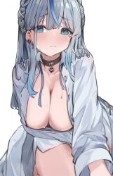 1girl amagai_ruka appleseed_(appleseed_art) arm_under_breasts black_collar blue_eyes blue_hair braid breasts center-flap_bangs cleavage closed_mouth collar commentary_request double-parted_bangs ear_piercing earrings gradient_hair grey_hair heart_pendant highres jewelry long_hair long_sleeves looking_at_viewer multicolored_hair naked_shirt o-ring_collar partially_unbuttoned pendant_collar piercing reaching reaching_towards_viewer shirt side_braids sidelocks simple_background skirt solo streaked_hair sweat two-tone_hair virtual_youtuber wavy_mouth weather_planet white_background white_shirt