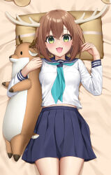 1girl :3 absurdres antlers aqua_necktie bed_sheet blue_sailor_collar blue_skirt blush breasts brown_hair commentary_request cowboy_shot crossed_bangs dakimakura_(medium) deer_antlers deer_girl from_above green_eyes hair_between_eyes highres horns keine09 long_sleeves looking_at_viewer lying medium_breasts midriff_peek necktie on_back open_mouth pillow pleated_skirt sailor_collar school_uniform shikanoko_noko shikanoko_nokonoko_koshitantan shirt short_hair skirt smile solo stuffed_deer white_shirt