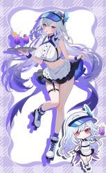 1girl absurdres alternate_costume apron black_skirt breasts center_frills chibi chibi_inset colored_tips commentary_request crop_top drop_shadow frills genshin_impact glass highres holding holding_tray large_breasts long_hair looking_at_viewer midriff multicolored_hair nail_polish navel open_mouth purple_nails red_eyes roller_skates rrr_gns_(riuriu_1212) shirt skates skirk_(genshin_impact) skirt skirt_hold stomach tray visor_cap waist_apron white_hair white_shirt wristband
