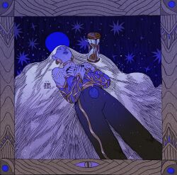 Rule 34 | 1girl, albabg, blue skin, blue theme, border, choker, closed eyes, colored skin, detached sleeves, disembodied eye, earrings, floating, grey hair, hands on own chest, highres, hourglass, jewelry, long hair, lying, necklace, original, ornate border, pants, solo, star (symbol), very long hair