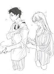 Rule 34 | 1boy, 1girl, angelica (project moon), apron, bite mark, closed eyes, cooking, cowboy shot, greyscale, hickey, highres, jacket, kuchidesha, library of ruina, long hair, monochrome, necktie, open mouth, pajamas, pants, project moon, roland (project moon), simple background, squeans, striped clothes, striped jacket, striped pants, very long hair, waking up, yawning