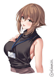 Rule 34 | 1girl, bare shoulders, blush, breasts, brown hair, commentary request, cropped torso, ebifurya, hair between eyes, hand on own chest, hand up, highres, id card, kantai collection, lanyard, large breasts, looking at viewer, mutsu (kancolle), office lady, one-hour drawing challenge, parted lips, short hair, sidelocks, simple background, skirt, sleeveless, sleeveless sweater, sleeveless turtleneck, solo, sweater, turtleneck, turtleneck sweater, twitter username, upper body, white background