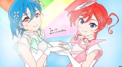 2girls alt_text aqua_dress blue_background blue_eyes blue_hair blush c: closed_mouth clothing_cutout commentary_request dress earrings green_background grey_dress hair_between_eyes hair_bun headwear_request highres holding_hands jewelry looking_at_viewer love_live! love_live!_superstar!! multicolored_background multicolored_dress multiple_girls official_alternate_costume orange_background orange_eyes pink_background red_background red_dress red_hair short_hair_with_long_locks shoulder_cutout single_side_bun sleeveless sleeveless_dress smile special_color_(love_live!) split_mouth translation_request triangle_earrings upper_body wakana_shiki white_dress yan_(kanomeisayuyabu) yellow_background yoneme_mei