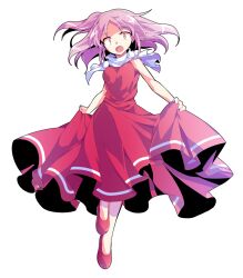 Rule 34 | 1girl, alphes (style), bare arms, bare shoulders, breasts, commentary request, dairi, dress, floating hair, full body, large variant set, leg up, lifting own clothes, looking at viewer, medium breasts, one side up, open mouth, parody, pink eyes, pink hair, pom pom (clothes), red dress, red shoes, sara (touhou), shoes, short hair, skirt hold, sleeveless, sleeveless dress, solo, style parody, surprised, touhou, touhou (pc-98), transparent background, turtleneck, variant set