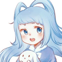1girl :d blue_eyes blue_hair blush child daer_maodou_(roco_kingdom:world) fur_trim hair_rings holding huhu_chui_ya long_hair looking_at_viewer open_mouth roco_kingdom roco_kingdom:world round_teeth short_eyebrows simple_background smile solo teeth thick_eyebrows upper_body upper_teeth_only white_background xueying_wawa_(anthropomorphism)_(roco_kingdom:world) xueying_wawa_(roco_kingdom:world)