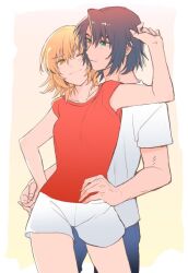 Rule 34 | 1boy, 1girl, athrun zala, blonde hair, blue hair, border, cagalli yula athha, couple, cowboy shot, green eyes, gundam, gundam seed, hetero, holding hands, kimi88407604, one eye closed, shirt, short hair, short shorts, short sleeves, shorts, simple background, smile, white border, yellow background, yellow eyes