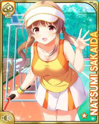 1girl :d breasts brown_hair card_(medium) character_name day female_focus girlfriend_(kari) hair_ornament large_breasts long_hair looking_at_viewer official_art open_mouth orange_shirt outdoors qp:flapper racket red_eyes sakaida_natsumi scrunchie shirt skirt smile solo sparkle sportswear standing tank_top tennis_court tennis_racket tennis_uniform thighhighs white_skirt white_thighhighs