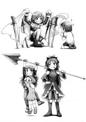 5girls antenna_hair armlet bare_shoulders belt belt_buckle boots bow buckle cape_hold child chinese_commentary clenched_hand closed_mouth collared_cape collared_dress commentary_request denim detached_sleeves dress excited food food_in_mouth frilled_dress frilled_shirt frills gloves greyscale grin hair_bow hand_on_own_hip happy high_collar highres holding holding_polearm holding_weapon hug jeans jewelry knee_boots kneehighs kneeling lifting_person light_blush long_hair long_sleeves looking_at_another magical_girl mahou_shoujo_madoka_magica mahou_shoujo_madoka_magica_(anime) medium_dress midriff_peek miki_sayaka miki_sayaka_(magical_girl) miniskirt monochrome multiple_girls on_one_knee open_mouth over_shoulder pants pleated_skirt pocky pocky_in_mouth polearm ponytail sailor_collar sakura_kyoko sakura_kyoko_(magical_girl) sakura_momo shadow shirt shoes short_dress short_hair short_sleeves siblings silverxp simple_background sisters skirt skirt_under_dress sleeveless sleeveless_dress smile sneakers socks sparkle spear strapless strapless_shirt sword tareme thigh_belt thigh_strap thighhighs third-party_source time_paradox two-tone_shirt very_long_hair weapon weapon_over_shoulder white_background wrist_cuffs zettai_ryouiki