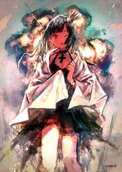 1girl artist_name black_hair crown explosion feet_out_of_frame hand_up highres long_hair long_sleeves one_eye_closed open_mouth original red_eyes smile solo ueno_zousui