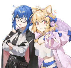 2girls ahoge animal_ear_fluff animal_ears arcueid_brunestud belt black_gloves black_jacket black_skirt blonde_hair blue_eyes blue_hair blue_skirt blush bow breasts c.i.e.l_(fate) c.i.e.l_(second_ascension)_(fate) camisole cat_ears choker ciel_(tsukihime) citrusarjun cleavage closed_mouth collared_shirt crescent crescent_hair_ornament crop_top crop_top_overhang fate/grand_order fate_(series) fingerless_gloves glasses gloves hair_ornament headphones hood hooded_jacket jacket jacket_on_shoulders large_breasts long_sleeves looking_at_viewer multiple_girls navel necktie one_eye_closed open_mouth phantas-moon phantas-moon_(second_ascension) pink_jacket purple_gloves red_eyes shirt short_hair skirt sleeves_rolled_up smile striped_clothes striped_gloves white_camisole white_shirt