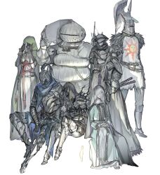 Rule 34 | 3girls, 5boys, armor, artorias the abysswalker, artorias the abysswalker (cosplay), barefoot, belt, black dress, cloak, colored skin, cosplay, crossed arms, curtained hair, darkwraith (dark souls), doll joints, dress, elden ring, elden ring nightreign, emerald herald, emerald herald (cosplay), facing viewer, feathers, from side, full armor, gauntlets, greaves, green cloak, green hood, grey skin, hands on lap, hat, helmet, highres, holding, holding rock, joints, long hair, multiple boys, multiple girls, official alternate costume, pauldrons, polearm, raider (elden ring), recluse (elden ring), red belt, riio, ringfinger leonard, ringfinger leonard (cosplay), rock, scabbard, sheath, shoulder armor, siegmeyer of catarina, siegmeyer of catarina (cosplay), sister friede, sister friede (cosplay), sitting, solaire of astora, solaire of astora (cosplay), standing, sword, tricorne, weapon, white background, white dress, white hair, wylder (elden ring), yuria of londor, yuria of londor (cosplay)