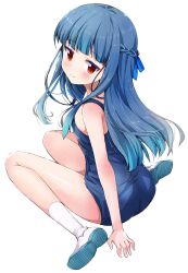 Rule 34 | 1girl, ass, bare arms, bare legs, bare shoulders, blue hair, blue one-piece swimsuit, blunt bangs, blush, breasts, closed mouth, full body, hair ornament, hair ribbon, highres, long hair, looking at viewer, michii yuuki, one-piece swimsuit, red eyes, ribbon, sajo yukimi, shoes, sidelocks, simple background, sitting, sleeveless, small breasts, socks, solo, swimsuit, thighs, very long hair, wariza, white background, white socks