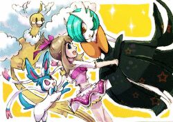 1girl altaria alternate_color black_gloves blue_hair bob_cut bow bowtie brown_hair colored_skin creatures_(company) dress elbow_gloves game_freak gardevoir gen_3_pokemon gen_6_pokemon gloves hair_bow kiri_tampo may_(pokemon) mega_altaria mega_gardevoir mega_pokemon midriff multicolored_fur nintendo open_mouth pink_bow pink_skirt pokemon pokemon_(creature) pokemon_oras shiny_pokemon skirt smile sparkle strapless strapless_dress sylveon white_skin yellow_background