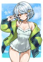 1girl anby_demara artist_name blonde_hair braid breasts cleavage hair_ornament hairclip highres jacket looking_at_viewer one-piece_swimsuit one_eye_closed rotomdocs short_hair single_braid small_breasts solo sweater swimsuit thigh_gap v white_hair white_sweater zenless_zone_zero