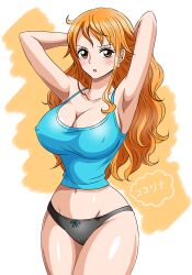 Rule 34 | 1girl, :o, armpits, arms up, black panties, blue camisole, breasts, brown eyes, camisole, covered erect nipples, earrings, highres, jewelry, kokorina-s, large breasts, long hair, nami (one piece), navel, one piece, open mouth, orange hair, panties, solo, underwear, very long hair, wavy hair, white background