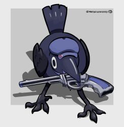 absurdres animal_focus animalization bird blue_hat canuck_the_crow crow diamond_(shape) dokibird_(vtuber) dokibird_(vtuber)_(crowki) grey_background gun handgun hat heart highres indie_virtual_youtuber mat_(matdesenheiro) no_humans revolver shadow twitter_username virtual_youtuber weapon white_background