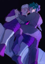 2boys aged_up ass ass_focus bcpncks boku_no_hero_academia bones_(company) burn_scar curly_hair formal_clothes freckles green_hair highres inminent_sex messy_hair midoriya_izuku multicolored_hair multiple_boys red_hair scar short_hair shounen_jump sitting sitting_on_person socks suit tododeku todoroki_shouto two-tone_hair white_hair yaoi